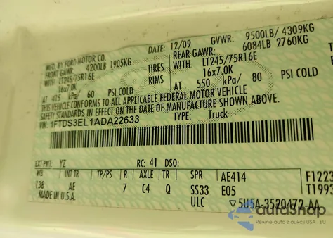 2010 Ford E-350 Super Duty Commercial/Recreational z USA, uszkodzony, nr VIN 1FTDS3EL1ADA22633